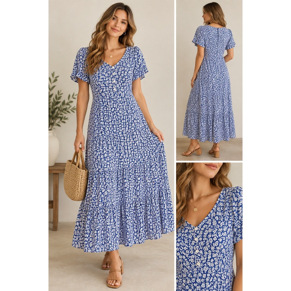 J.Crew Blue Ditsy Floral Tiered Midi Dress Puff Sleeve Small Cottagecore Prairie